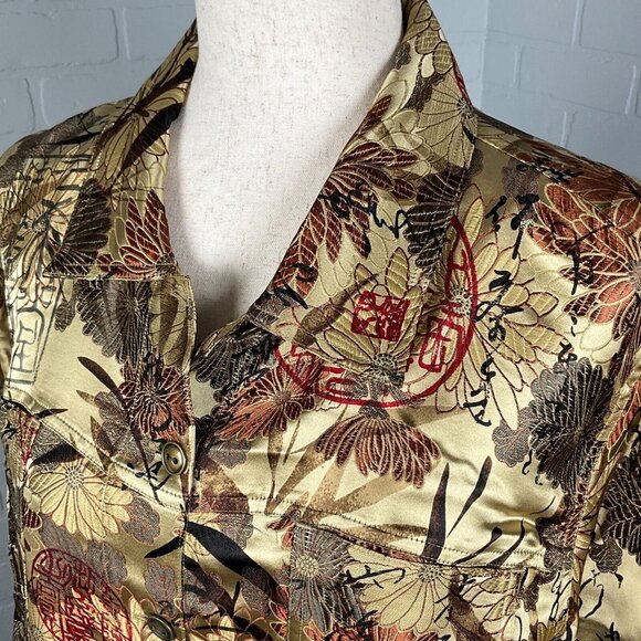 CHICOS Jacket Women 2 Large 12 Gold Red Japanese Floral Trucker Silk‎ Party Boho - Picture 2 of 11